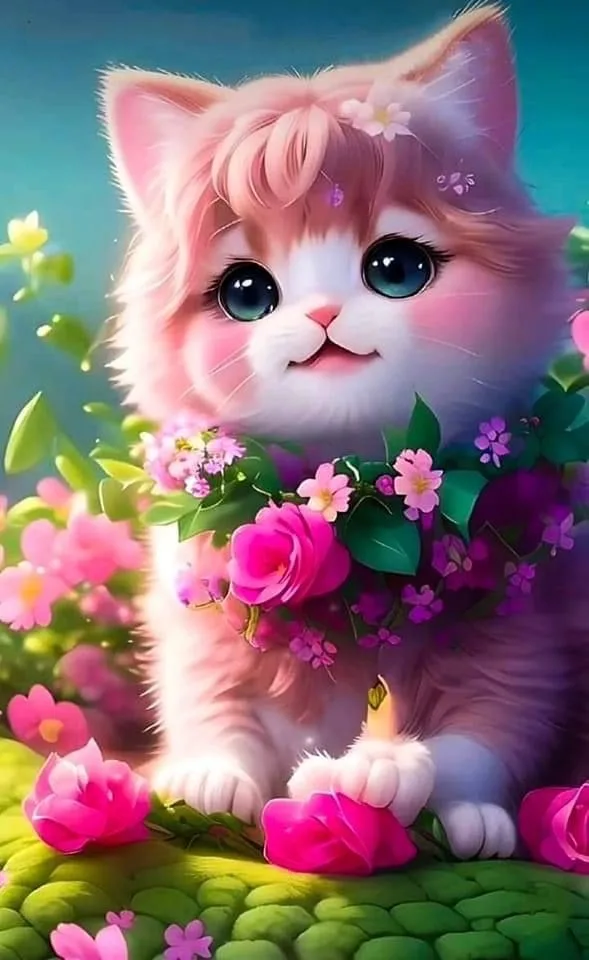 Beautiful Pink Cat With Pink Flowers Image