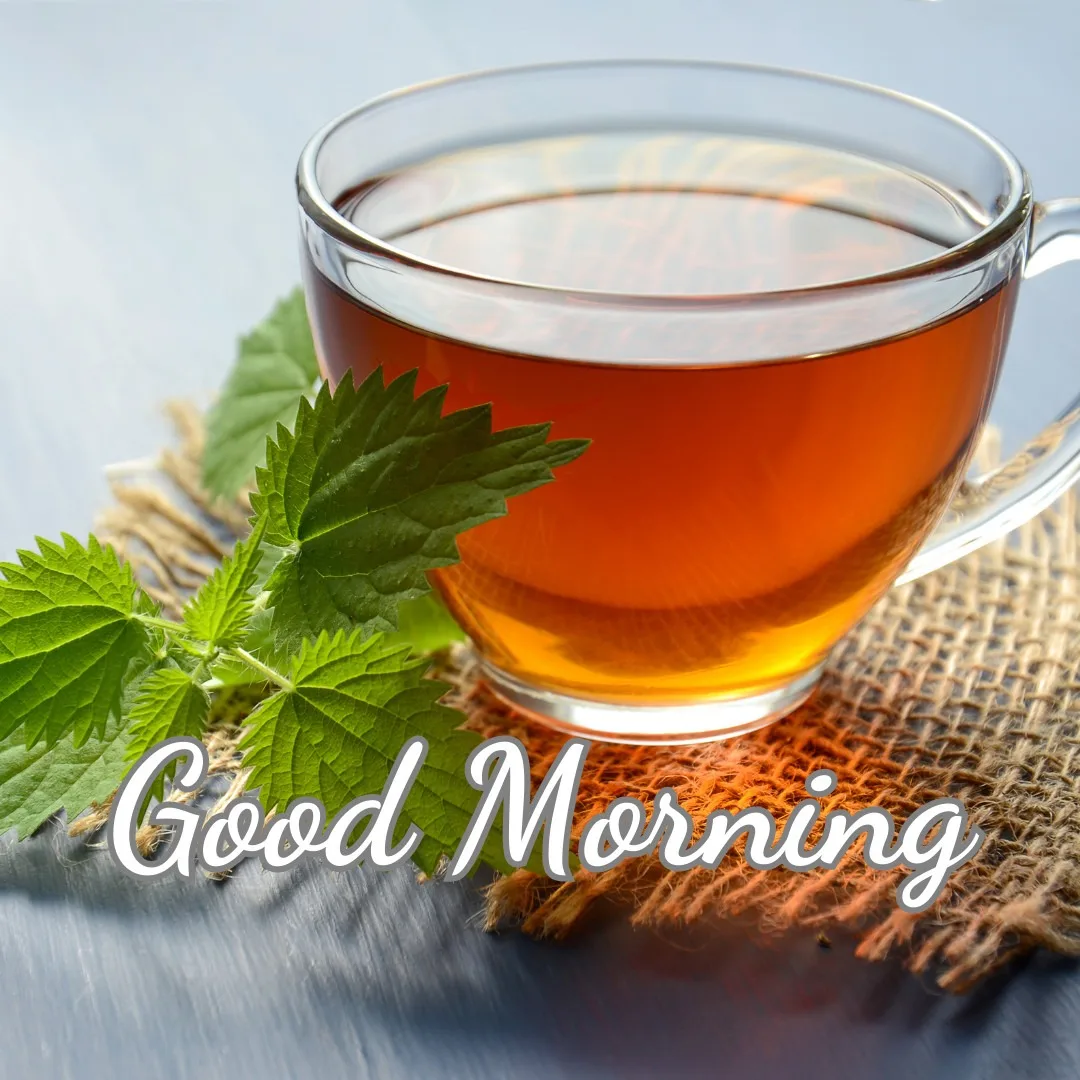 Photo of Green Tea in Glass Cup on Piece Of Jute and Mint Leaf on the side Of the cup With Good Morning Message
