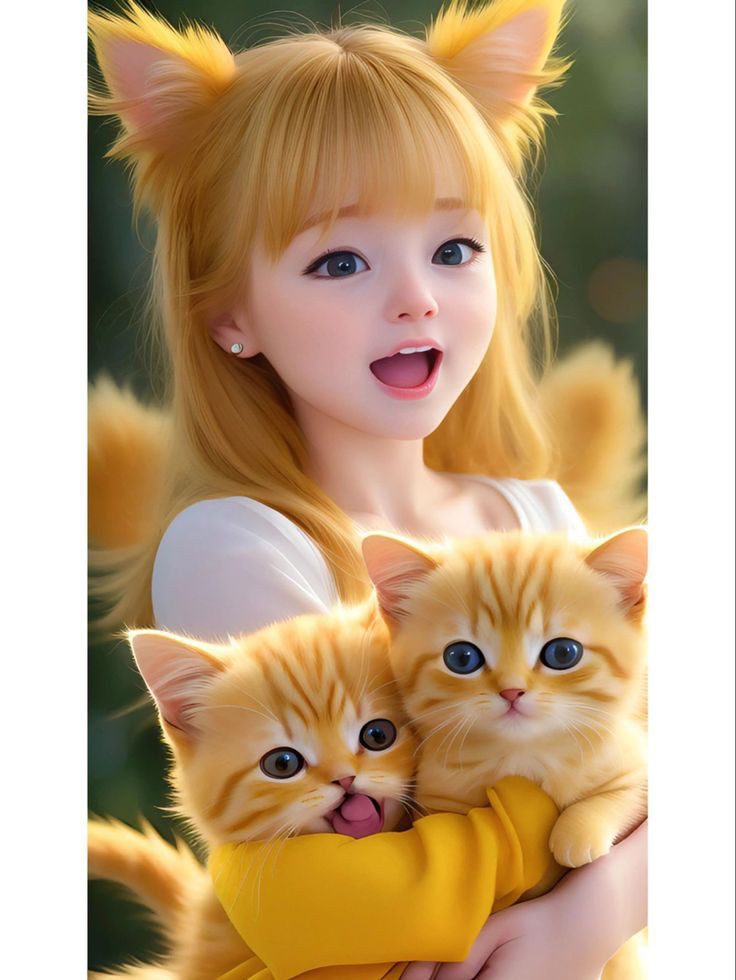 Two Golden Cats with Cute Girl Image 