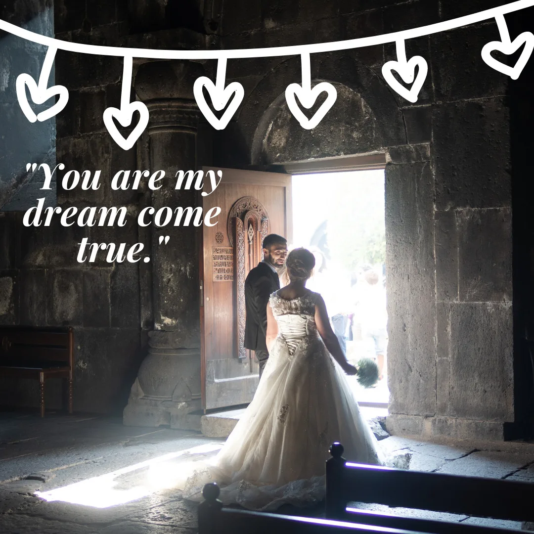 Cute Couple/Image of love quote and Newly wedding couple coming out of church 