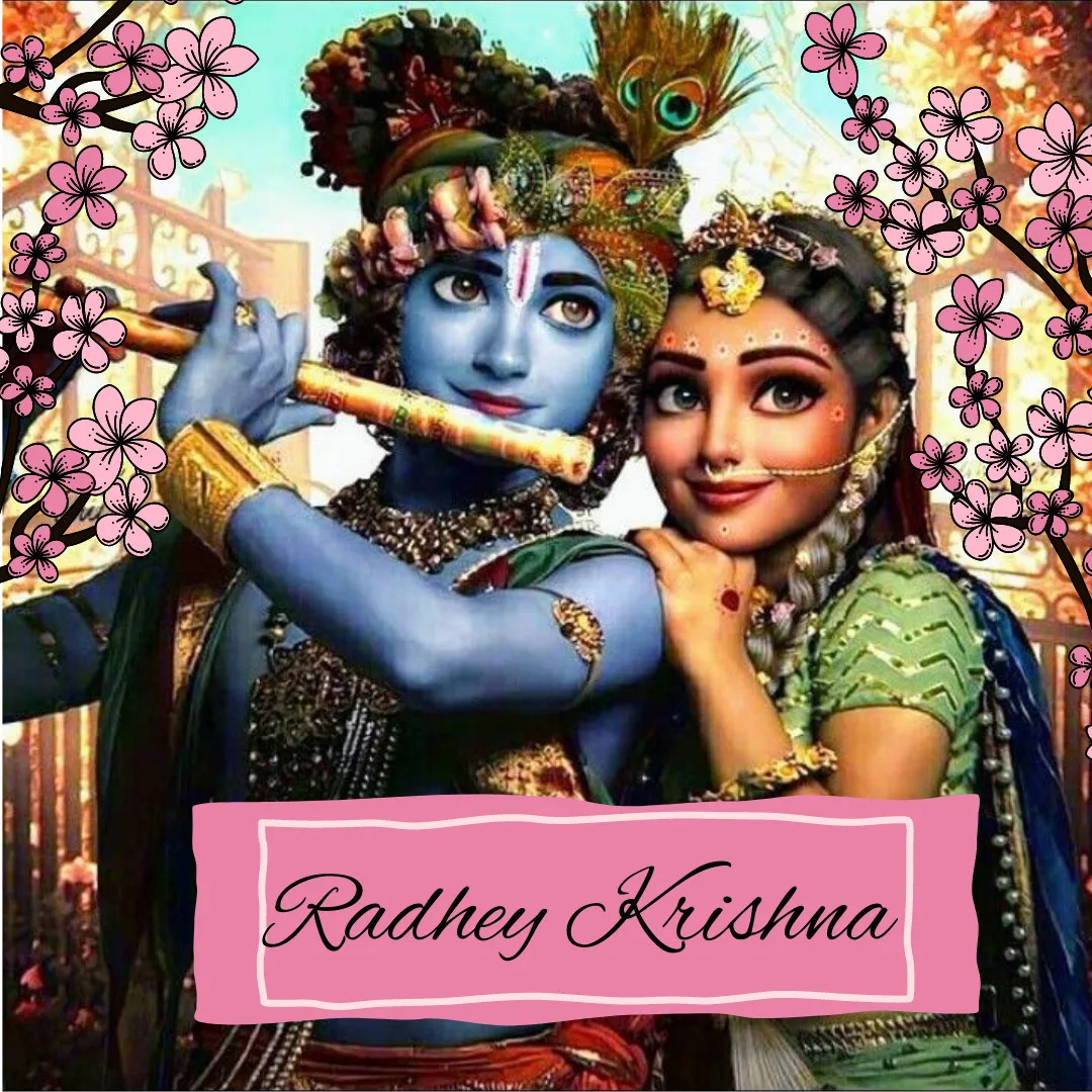 Radha Krishna/krishna playing flute and radha standing close in pink flower garden
