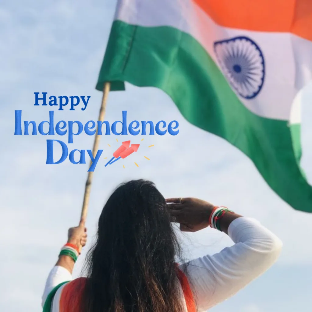 Happy Independence Day Wallpaper/ Message of Happy Independence Day with a girl holding indian flag