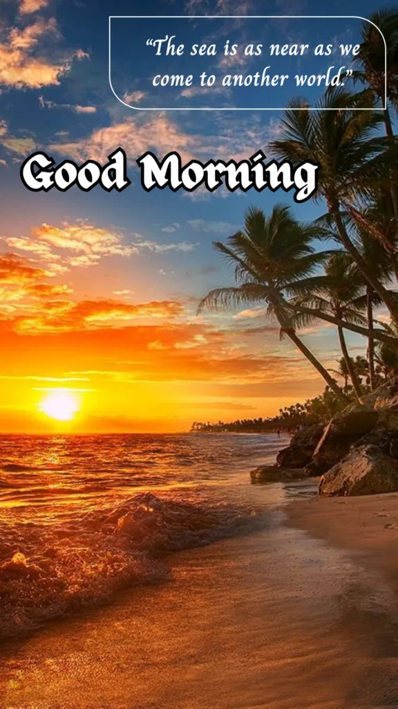 Aesthetic Beach Wallpaper/Good Morning Wishes/Beautiful Sea with Waves and Rising Sun image