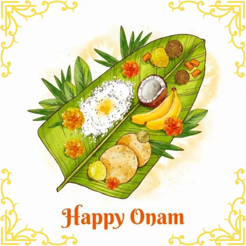 Happy Onam Festival Wishes / Image of Food on Banana leaf on the festival of Onam