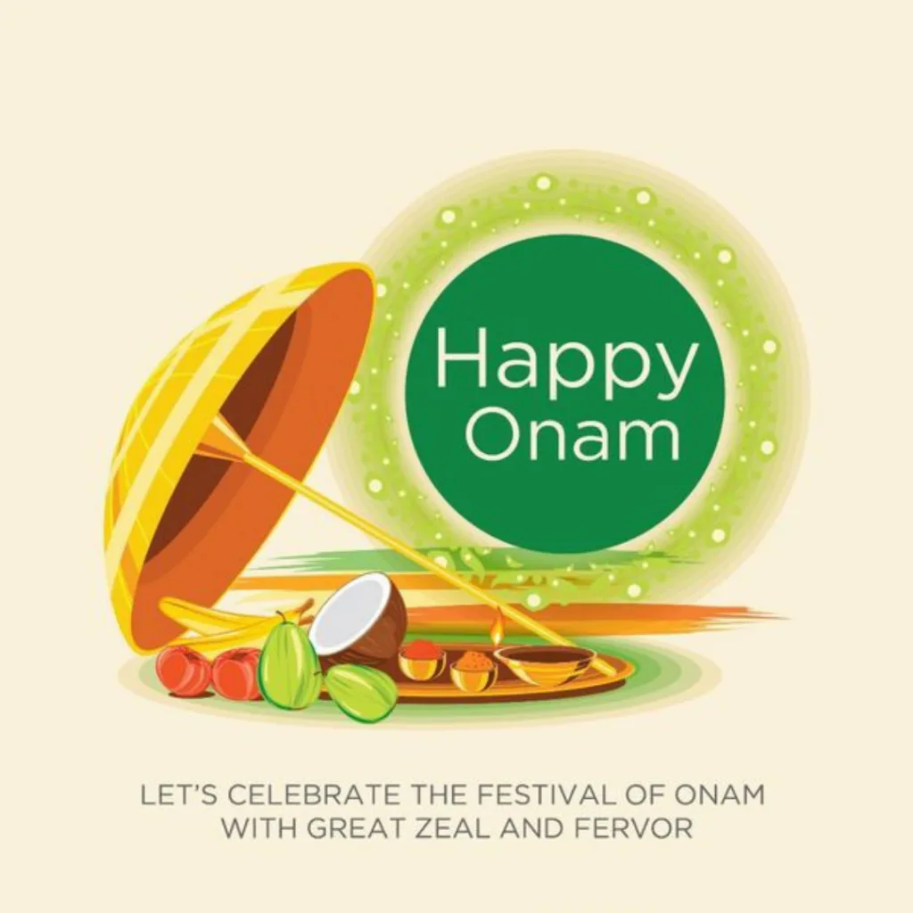 Happy Onam Festival Wishes /Image of Food and Umbrella 