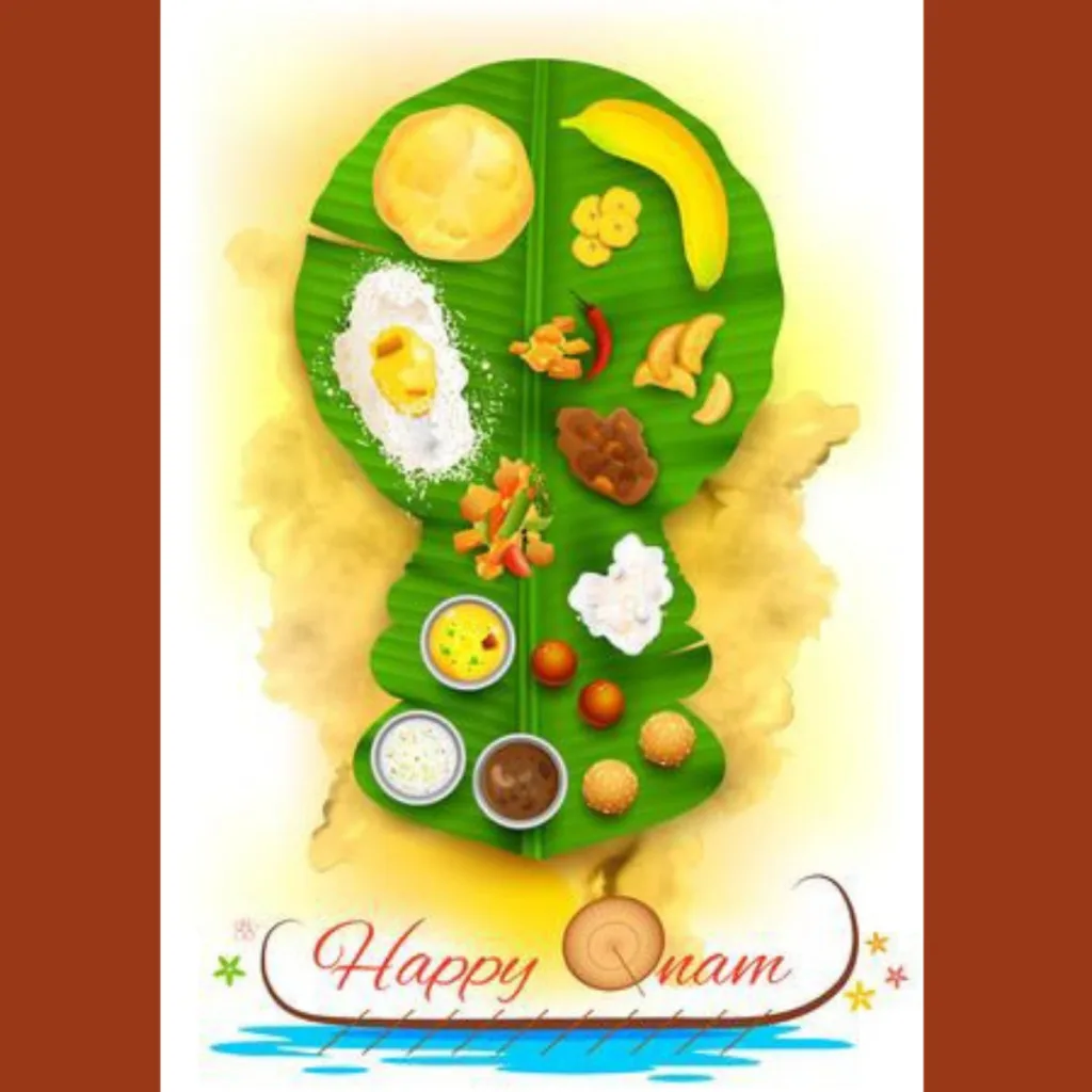Happy Onam Festival Wishes / image of food on banana leaf with happy onam wishes