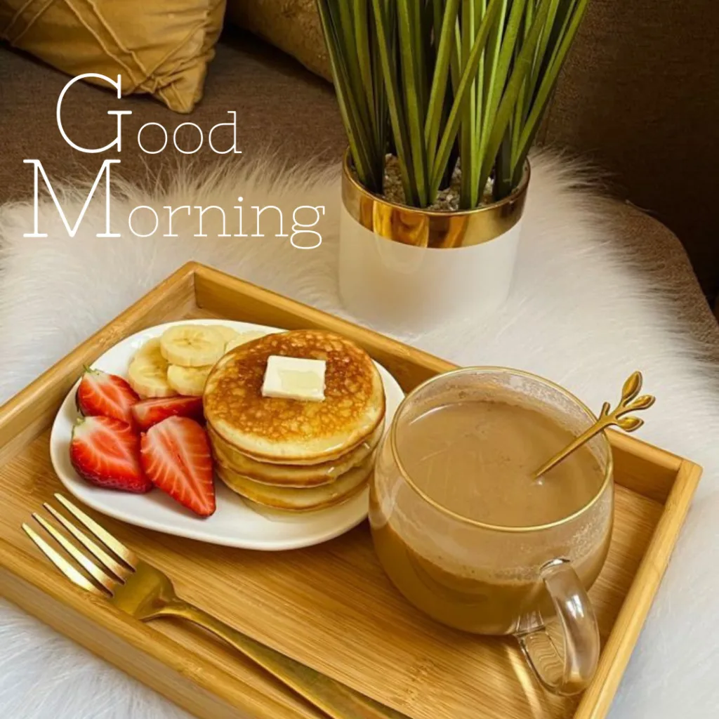 Good Morning Breakfast Image / image of pancake with coffee and fruits