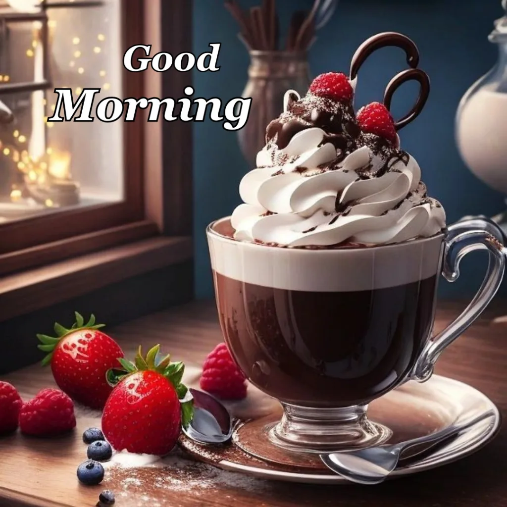 Good Morning Breakfast Image / cup of hot chocolate with whipped cream and strawberries 