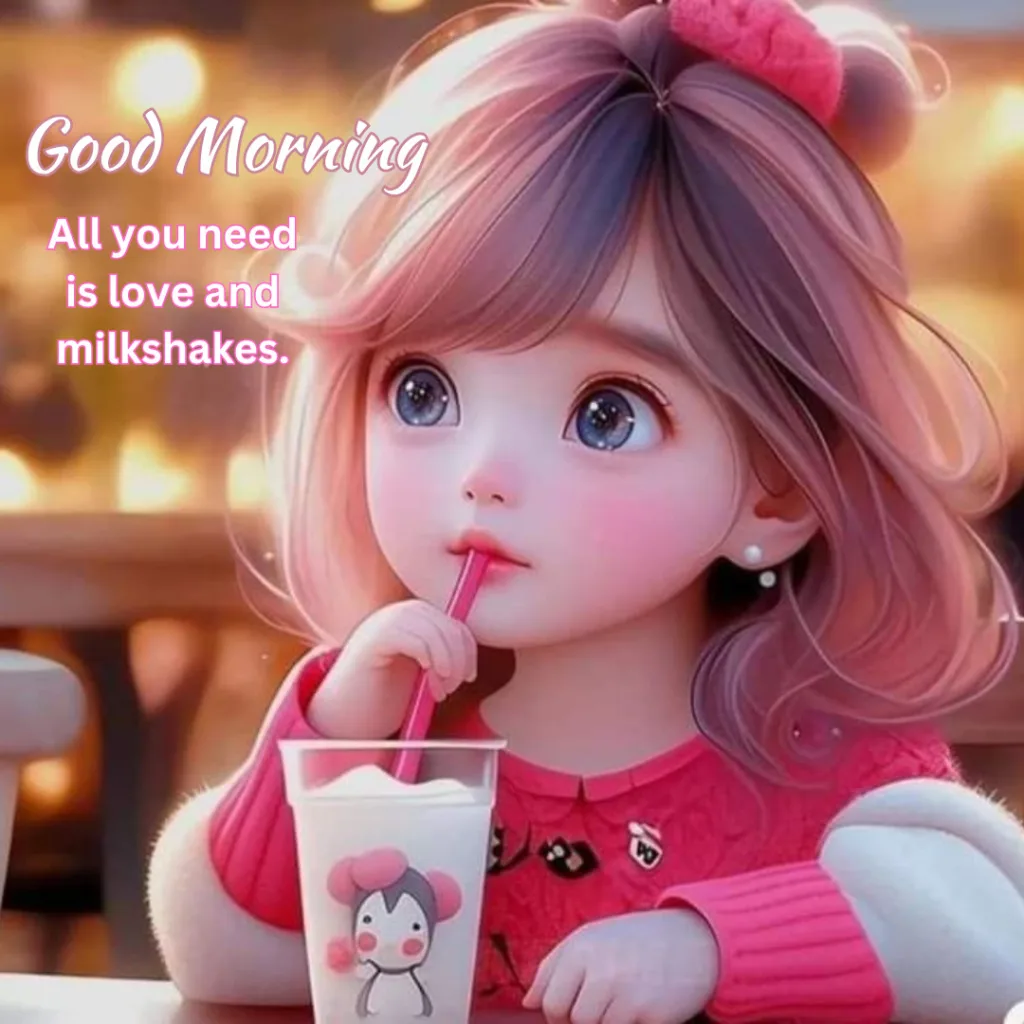 Cute Girl Images/image of a animated girl enjoying milkshake with good morning message