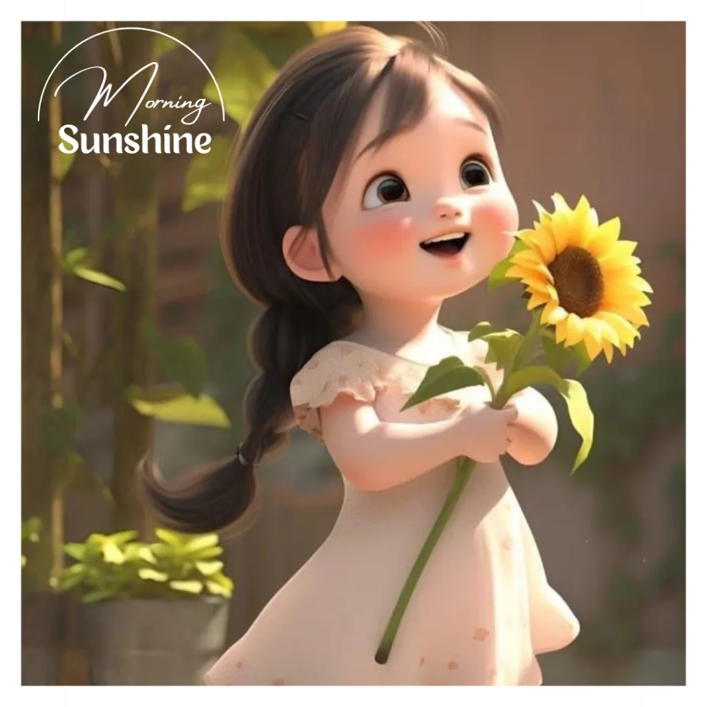 Cute Girl Images /image of a happy kid  holding a sunflower with good morning message