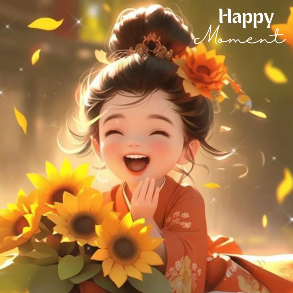 Cute Girl Images /image of  a laughing girl holding bunch of sunflowers 
