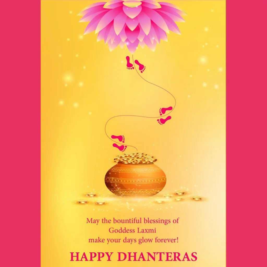 Happy Dhanteras Images /   image of pot filled with gold coin/lotus/lakshmi footprint with quote 