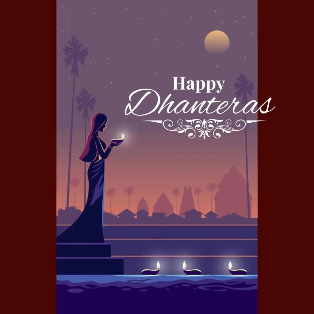 Happy Dhanteras Images/ image of a standing lady holding diya on dhanteras