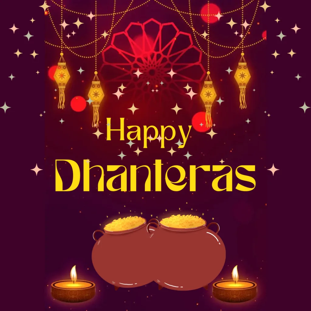Happy Dhanteras Images/ Happy Dhanteras wishes wallpaper with pot filled with gold coin and diyas 