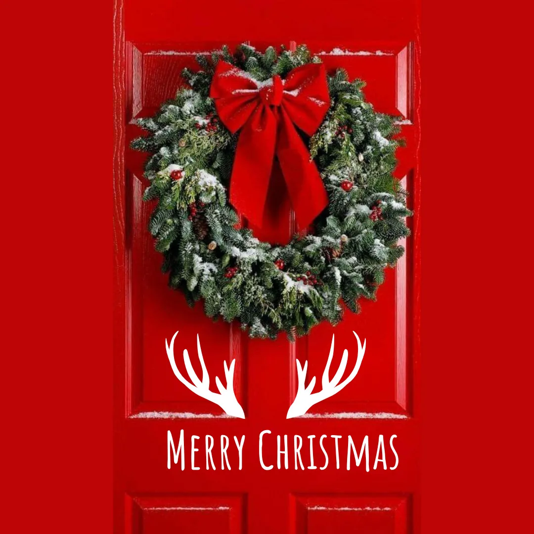 Happy Christmas Images 2023/ new Christmas day images with beautiful bright red door with decoration and christmas wishes written on it