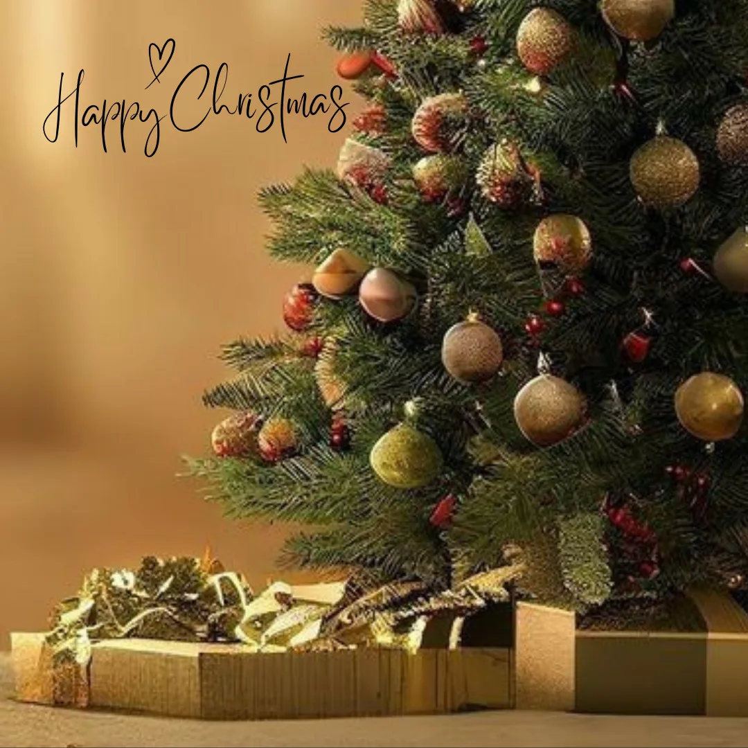 Happy Christmas Images 2023 /happy Christmas wishes with elegant christmas tree and gifts image