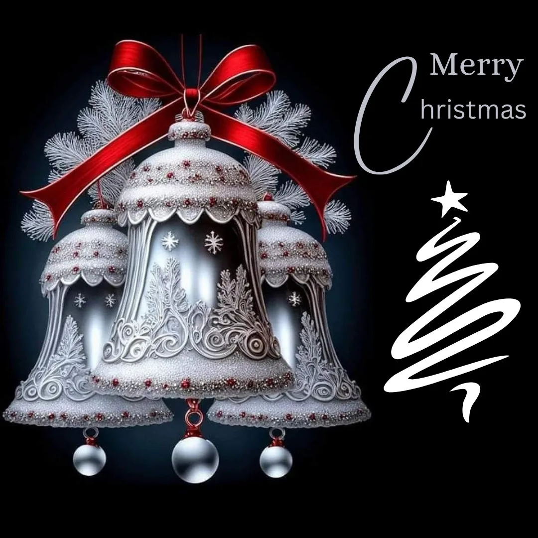 Happy Christmas Images 2023 /image of silver Christmas bells with Christmas wishes