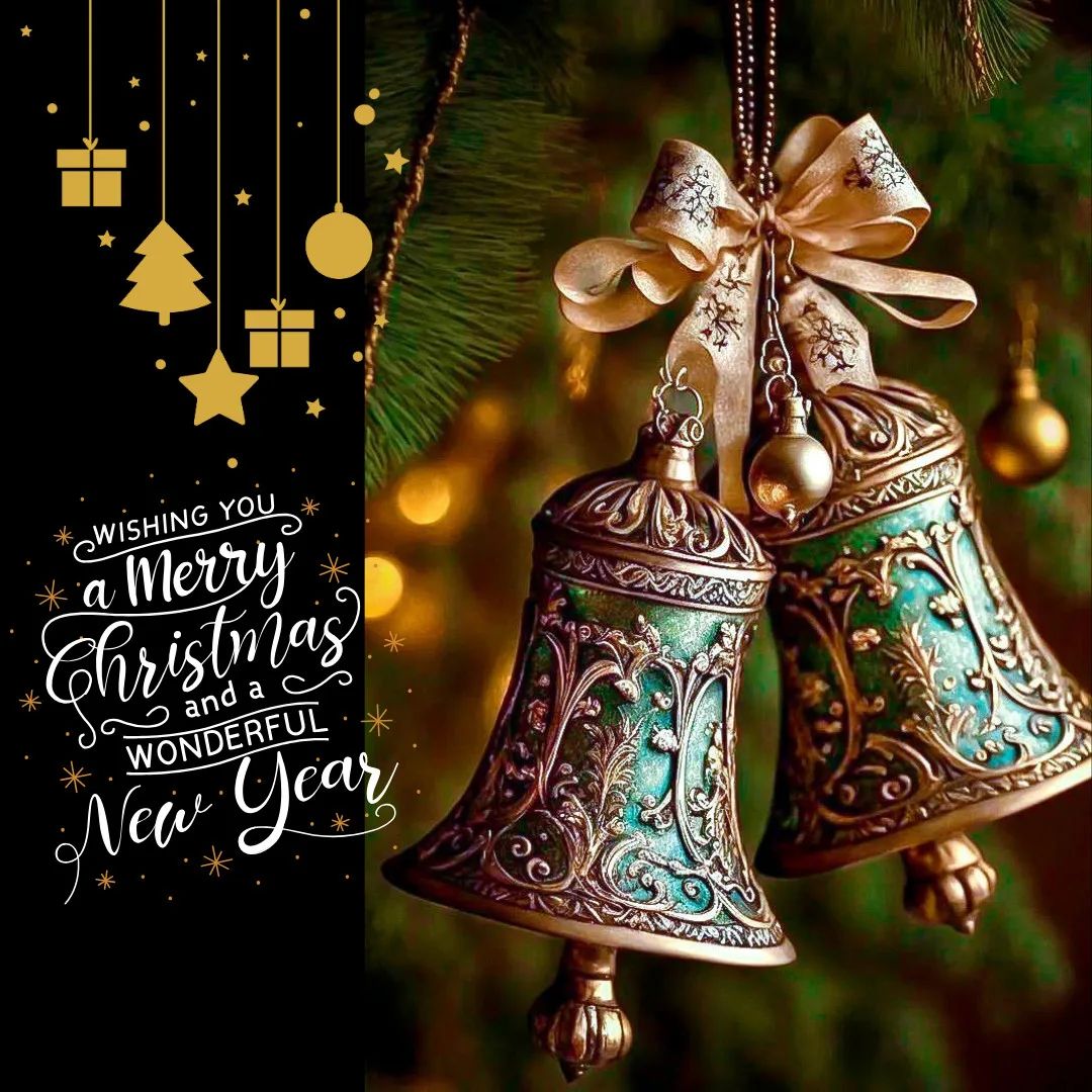 Happy Christmas Images 2023 / beautiful golden Christmas bells image in Christmas card